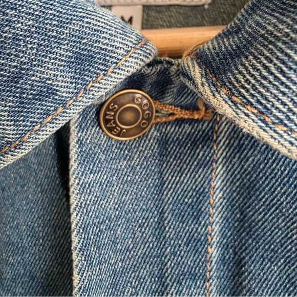 GOGO RARE Rhinestone Heart Cutout Denim Crop Blue Red Jacket Sz M Y2K McBling - Picture 4 of 8